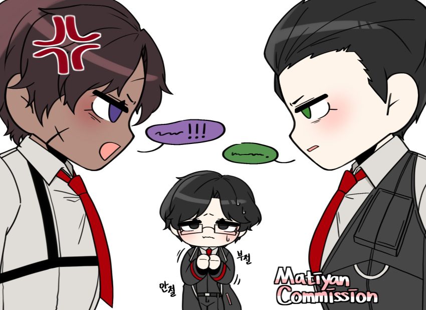 3boys, arguing, black_coat, black_eyes, black_hair, black_vest, brown_hair, chest_harness
