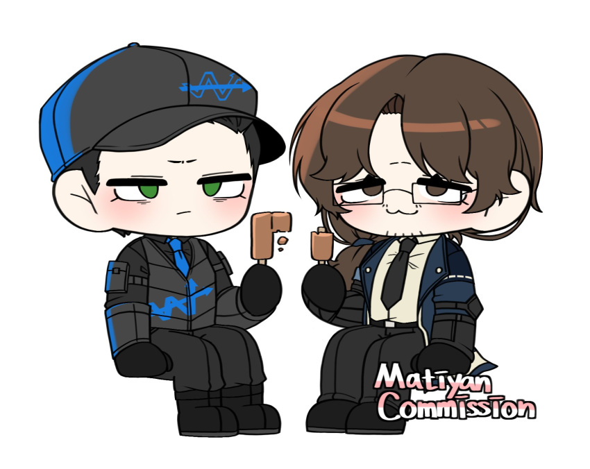 2boys, :3, baseball_cap, black_gloves, black_hat, black_pants, black_shirt, black_vest