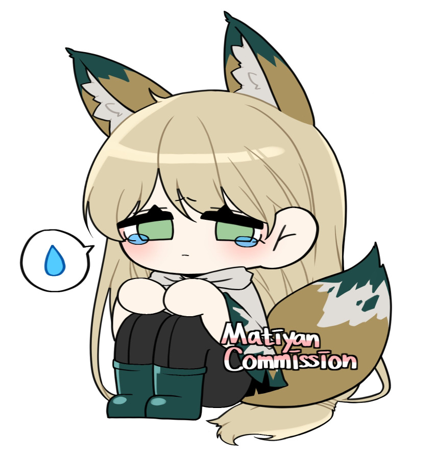 1girl, animal_ears, black_pants, blonde_hair, blush, boots, chibi, cloak