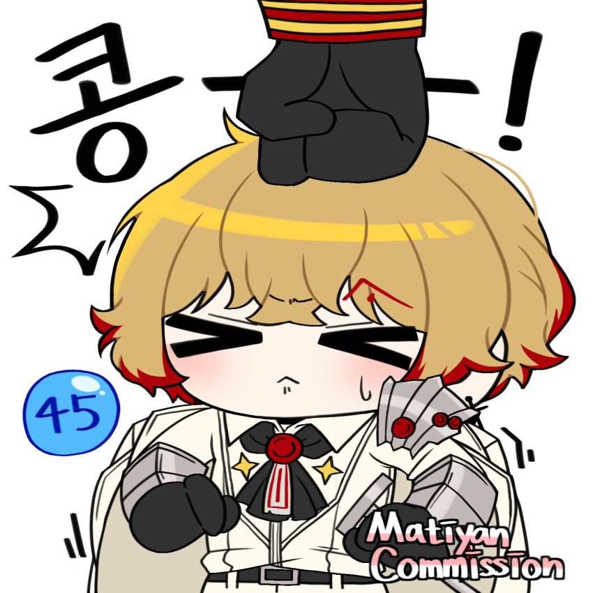 1boy, 1other, armor, ascot, black_ascot, black_gloves, blood, blood_in_hair