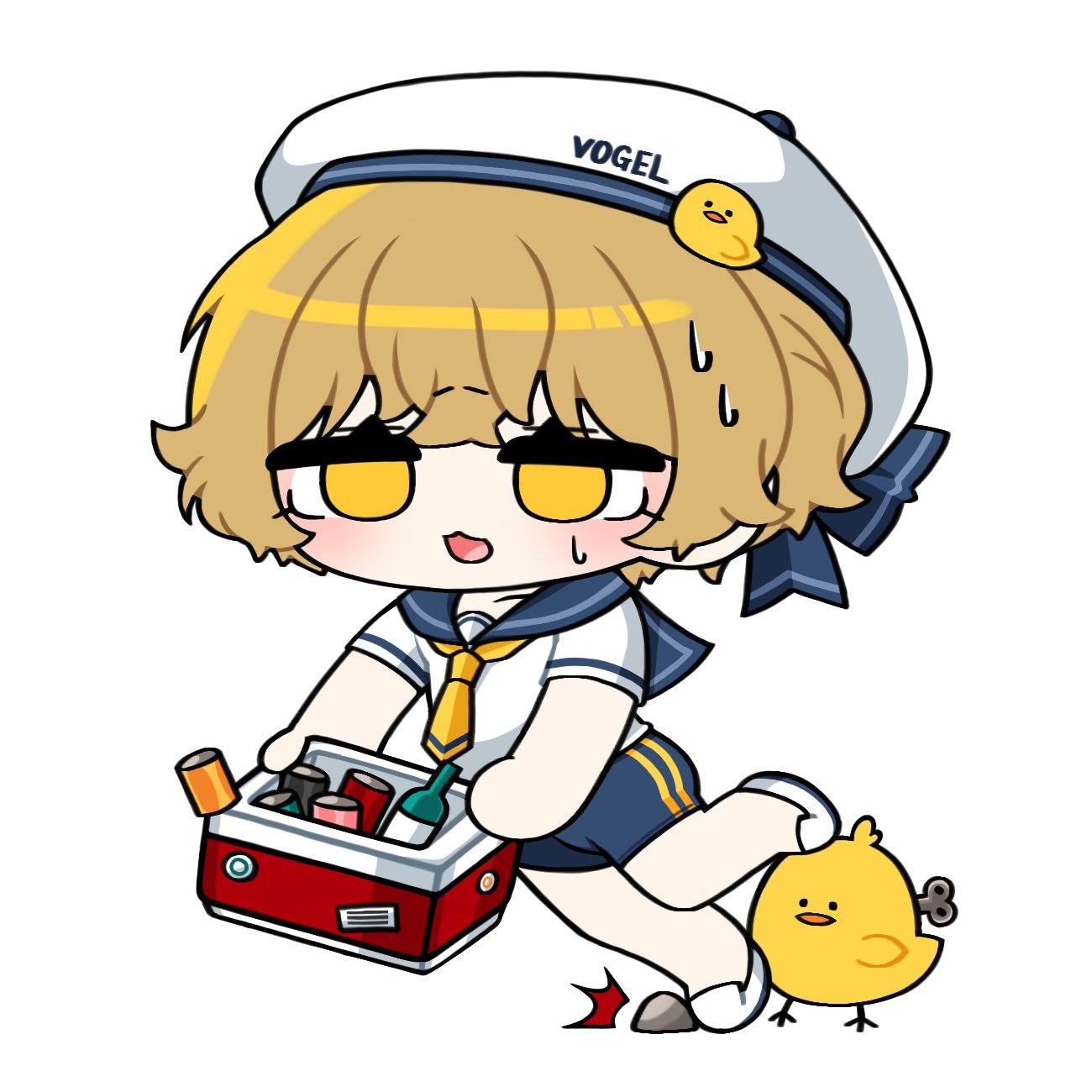 1boy, bird, blonde_hair, blue_sailor_collar, blue_shorts, bottle, can, chick