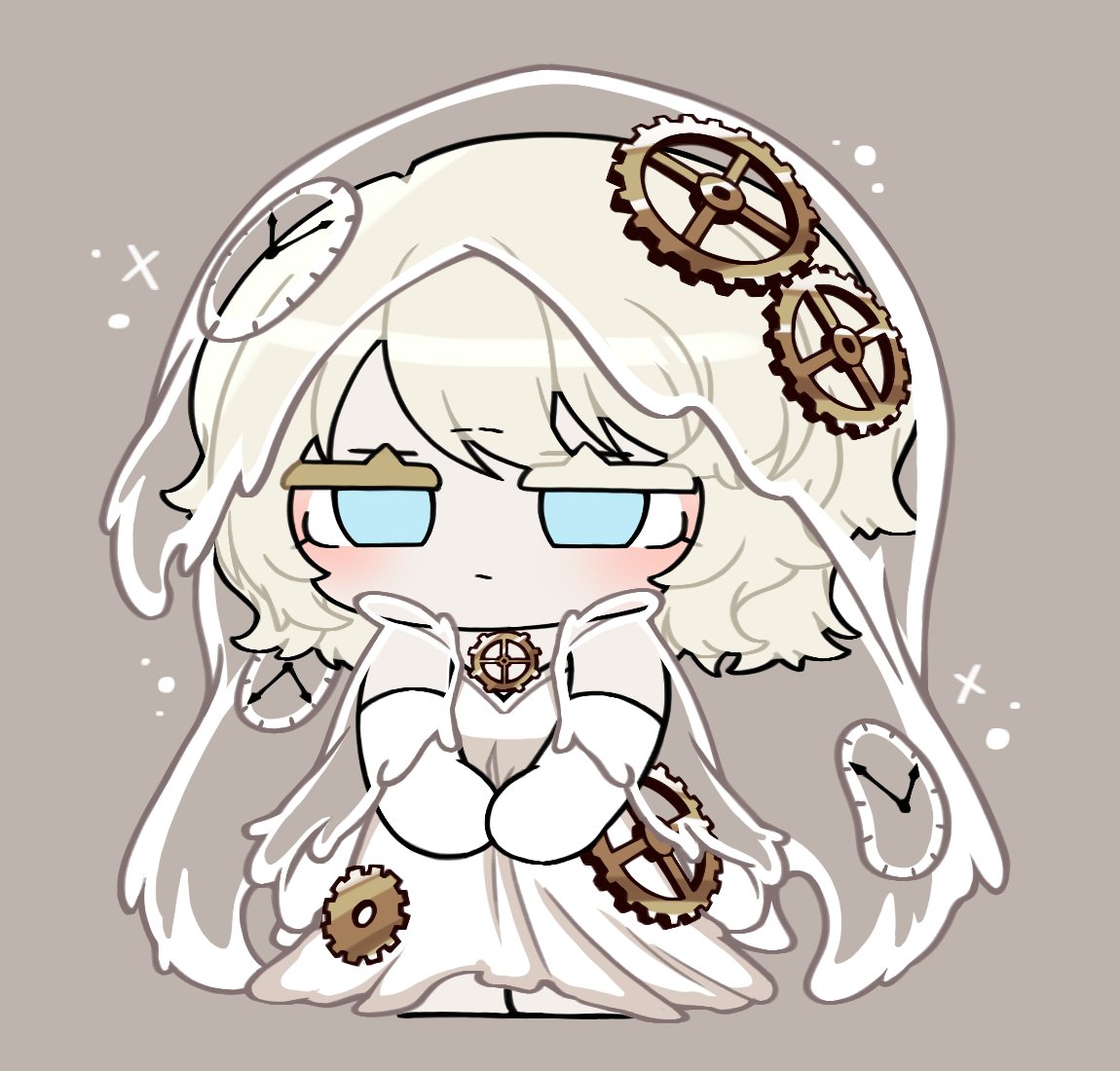 1girl, cape, chibi, cloak, clock_hair_ornament, closed_mouth, colored_eyelashes, dress, e.g.o_(project_moon), elbow_gloves, everlasting_faust_(project_moon), faust_(project_moon), gear_hair_ornament, gloves, grey_background, leotard, limbus_company, matiyan923, mismatched_eyelashes, project_moon, see-through_cape, simple_background, solo, strapless, strapless_leotard, white_cape, white_cloak, white_dress, white_gloves, white_veil