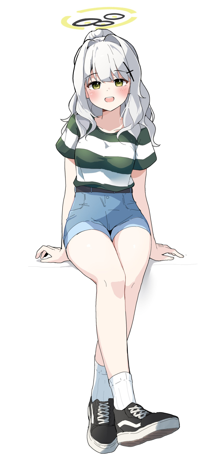 1girl, absurdres, alternate_costume, black_footwear, blue_archive, blue_shorts, blush, breasts