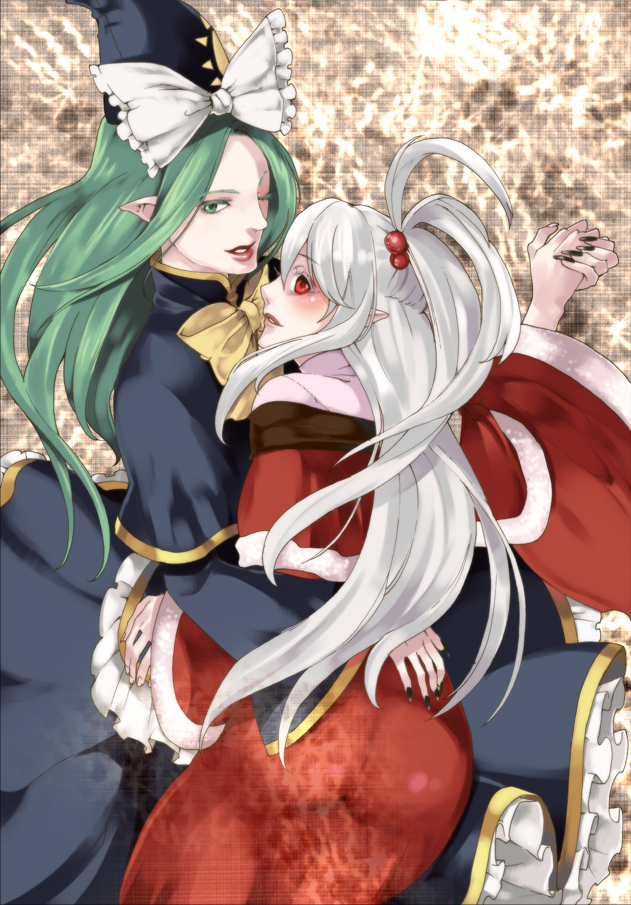 ass, green_eyes, green_hair, hat, long_hair, mima, multiple_girls, narumi_yuka, pointy_ears, red_eyes, shinki, side_ponytail, silver_hair, touhou