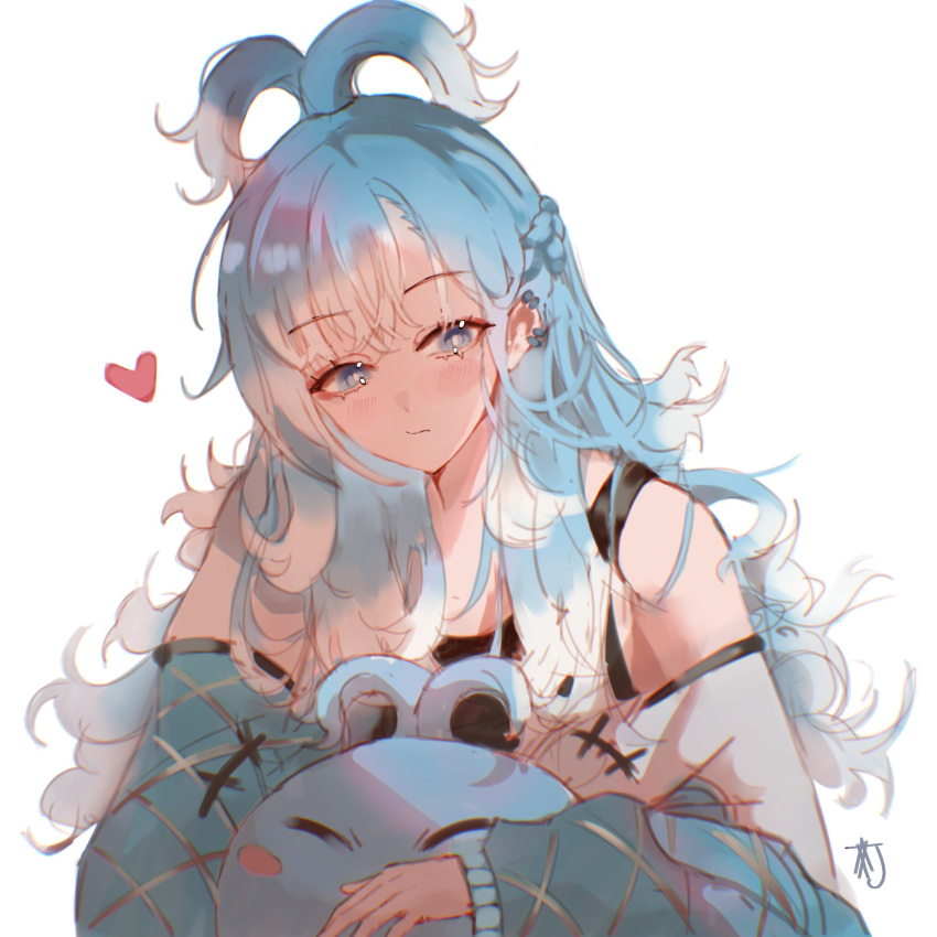 1girl, blue_eyes, blue_hair, closed_mouth, commentary, hashtag-only_commentary, heart, highres