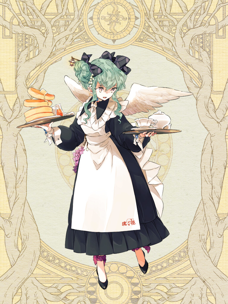 1girl, apron, black_bow, black_dress, black_footwear, bow, butter, cup
