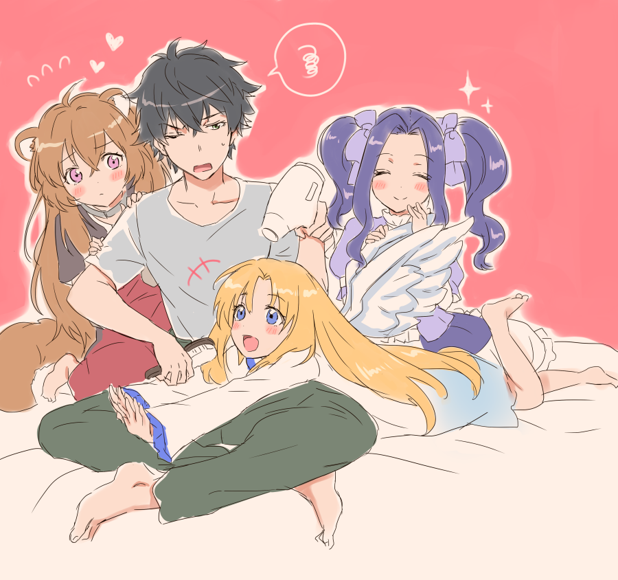 1boy, 3girls, :d, ahoge, animal_ears, annoyed, barefoot, black_dress