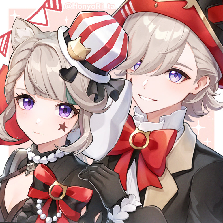 1boy, 1girl, animal_ear_fluff, animal_ears, artist_name, black_gloves, black_jacket, bow