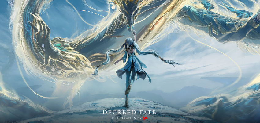 1girl, 1other, absurdres, backless_dress, backless_outfit, commentary, dragon, dress