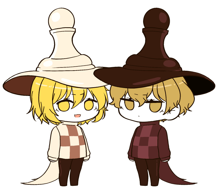 1boy, 1girl, blonde_hair, brown_hat, brown_pants, brown_sweater, checkered_sweater, chess_choco_cookie
