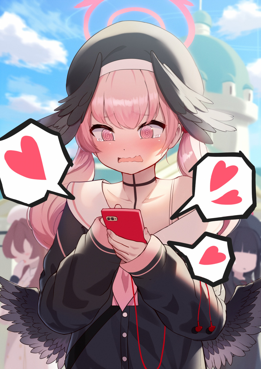 3girls, @_@, beret, black_hat, black_shirt, black_wings, blue_archive, blush