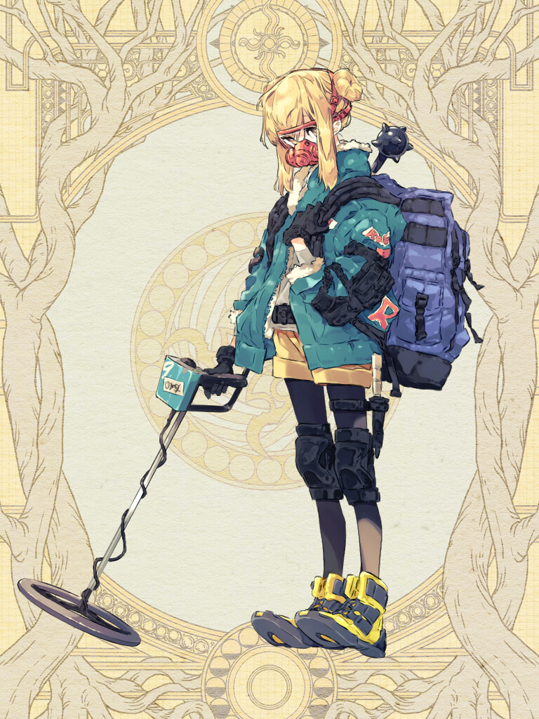 1girl, aqua_coat, backpack, bag, belt, black_gloves, blonde_hair, character_request, check_character, coat, dairoku_ryouhei, double_bun, full_body, gas_mask, gloves, hair_bun, hood, hood_down, knee_pads, mask, metal_detector, open_clothes, open_coat, pantyhose, red_mask, seiyakarutaken, setogiwa_omatsuri, shorts, sidelocks, solo, standing, yellow_background, yellow_eyes, yellow_footwear, yellow_shorts