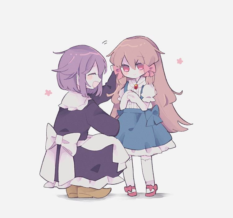 2girls, apron, blue_skirt, blush, bow, brown_hair, closed_mouth, cosmicmind