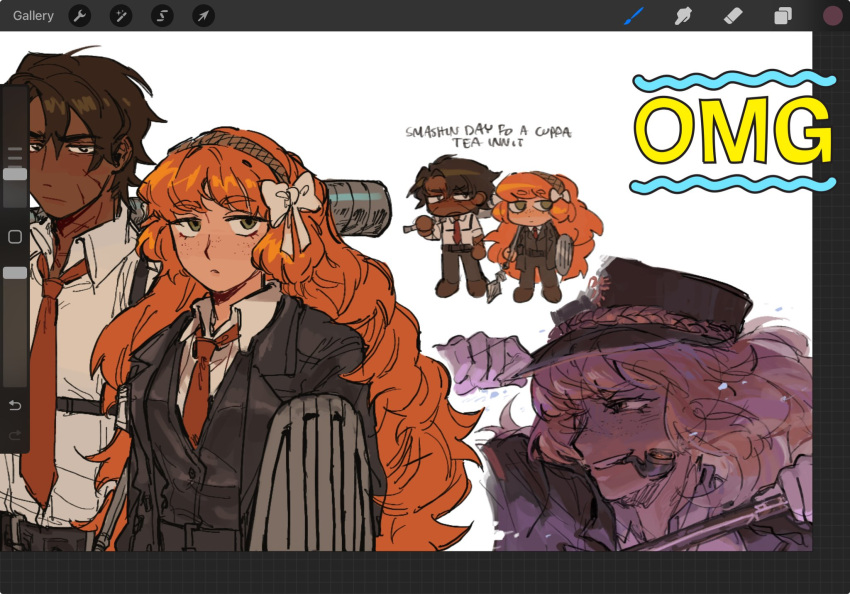 1boy, 1girl, art_program_in_frame, black_jacket, black_vest, bow, brown_hair, collared_shirt, dark-skinned_male, dark_skin, dz_4589, freckles, green_eyes, hair_bow, heathcliff_(project_moon), highres, ishmael_(project_moon), jacket, limbus_company, long_hair, looking_at_viewer, necktie, orange_hair, project_moon, red_necktie, shirt, sidelocks, very_long_hair, vest, white_bow, white_shirt