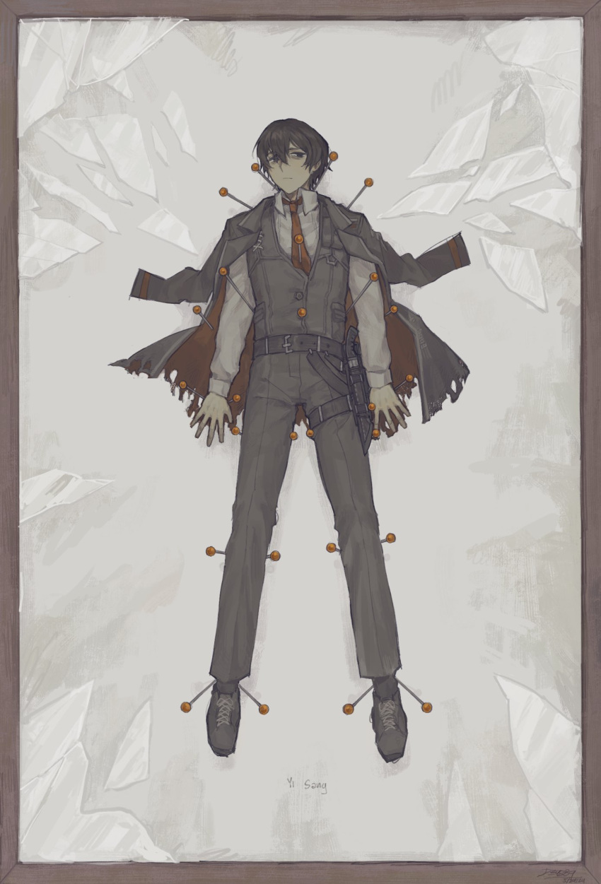 1boy, black_coat, black_eyes, black_footwear, black_hair, black_pants, closed_mouth, coat