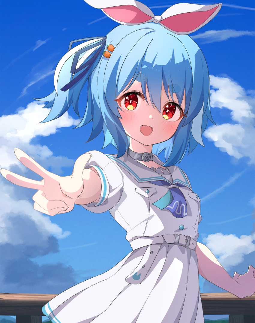 1girl, :d, absurdres, ame., animal_ears, blue_hair, blue_ribbon, blue_sky
