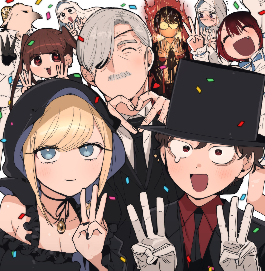 4boys, 5girls, :3, absurdres, alice_lendrott, arm_up, bare_legs, bare_shoulders, beak, black_dress, black_jacket, black_necktie, blonde_hair, blue_eyes, blue_ribbon, blush, bocchan_(shinigami_bocchan_to_kuro_maid), bonnet, brown_hair, burning, caph, chain, chain_necklace, collared_shirt, confetti, daleth_(shinigami_bocchan_to_kuro_maid), dress, everyone, eyepatch, facial_hair, fur_trim, gloves, grey_hair, hand_up, hands_up, happy_tears, hat, heart, heart-shaped_pupils, heart_hands, highres, horns, inoue_koharu, jacket, jewelry, light_blush, light_smile, long_hair, long_sleeves, looking_at_another, looking_at_viewer, middle_w, multiple_boys, multiple_girls, mustache, necklace, necktie, no_mouth, nun, off-shoulder_dress, off_shoulder, old, old_man, open_mouth, pants, pendant, red_eyes, red_shirt, redhead, ribbon, rob_(shinigami_bocchan_to_kuro_maid), sade_(shinigami_bocchan_to_kuro_maid), sanpaku, shinigami_bocchan_to_kuro_maid, shirt, short_hair, sweatdrop, swept_bangs, symbol-shaped_pupils, teardrop, tears, top_hat, twintails, viola_(shinigami_bocchan_to_kuro_maid), w, walter_(shinigami_bocchan_to_kuro_maid), white_background, white_dress, white_gloves, white_jacket, white_pants, white_shirt, white_veil, wrinkled_skin, zain_(shinigami_bocchan_to_kuro_maid)