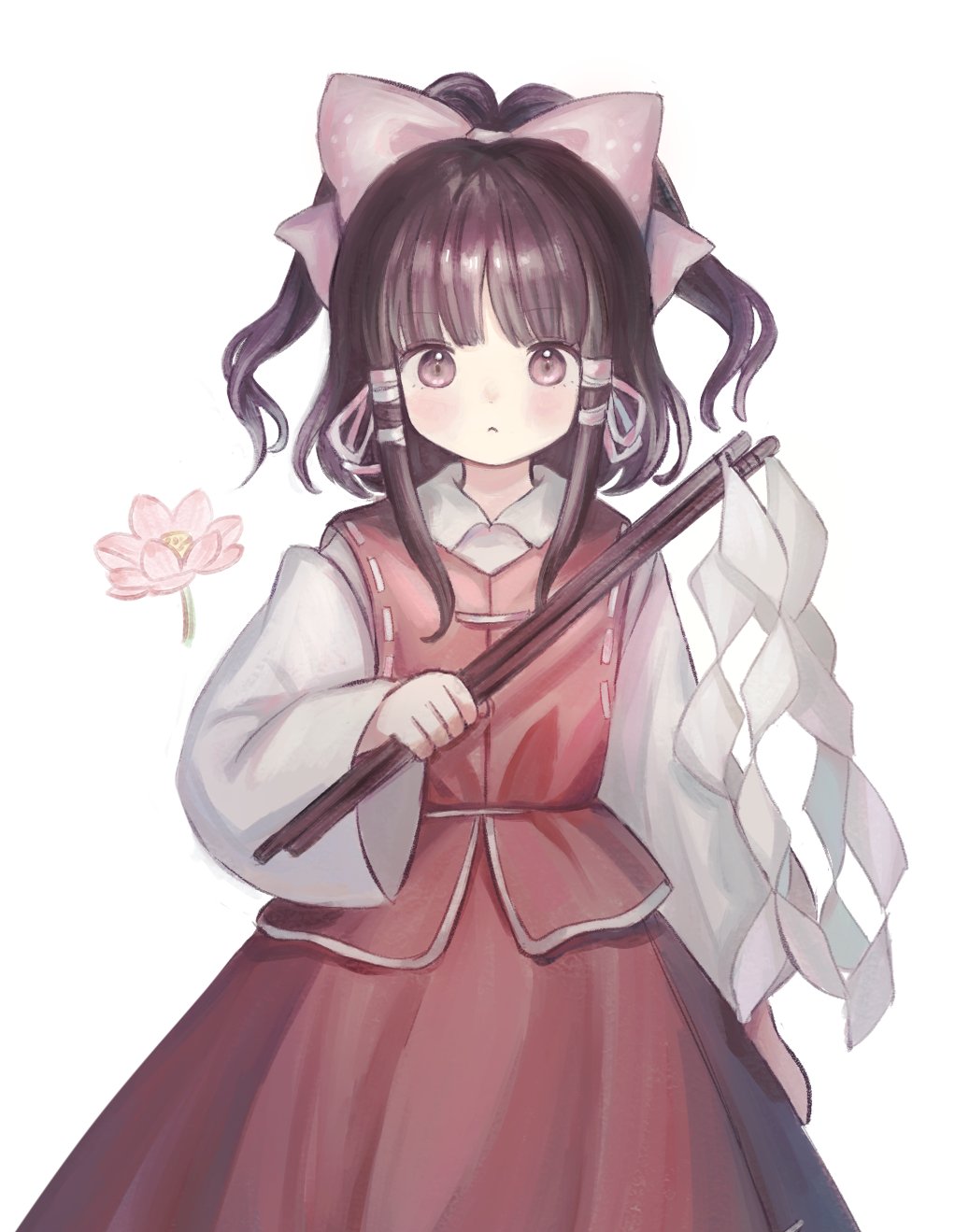 1girl, arm_at_side, bow, brown_hair, closed_mouth, collared_shirt, commentary_request, cowboy_shot