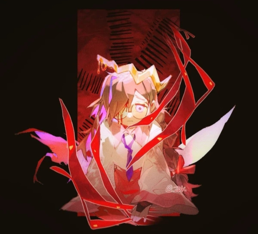 1girl, black_background, black_hair, blood, crown, d2k, dress, fairy, fairy_wings, frown, glasses, kirby_(series), kirby_64, long_sleeves, purple_eyes, ripple_star_queen, simple_background, sleeves_past_wrists, solo, twin_braids, wings