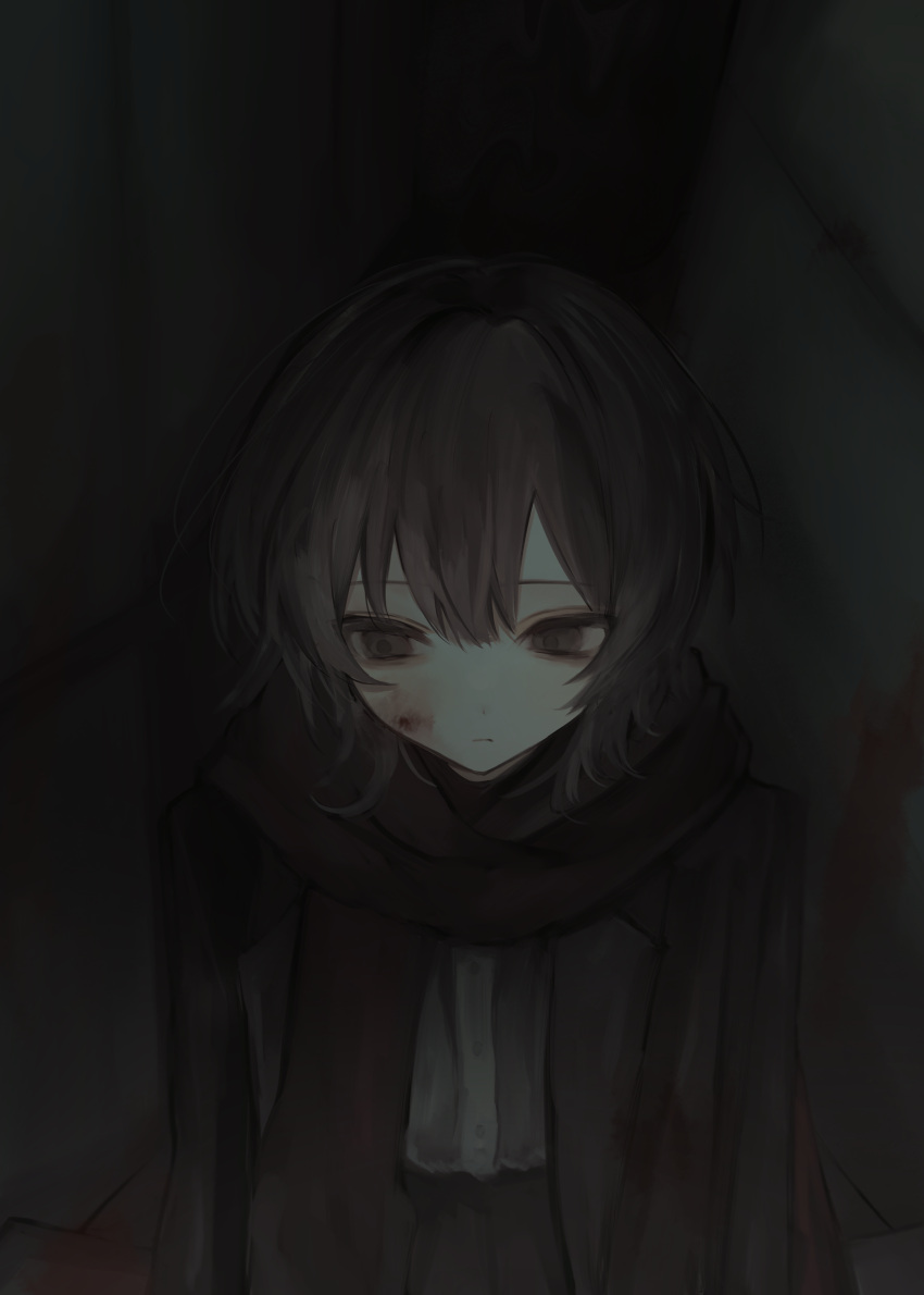 1girl, :|, absurdres, blood, blood_on_face, brown_coat, brown_eyes, brown_hair