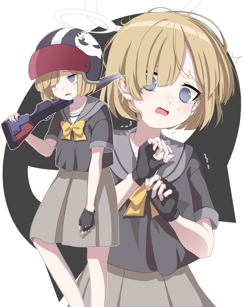 1girl, ^^^, absurdres, blonde_hair, blue_archive, blue_eyes, blush, fingerless_gloves
