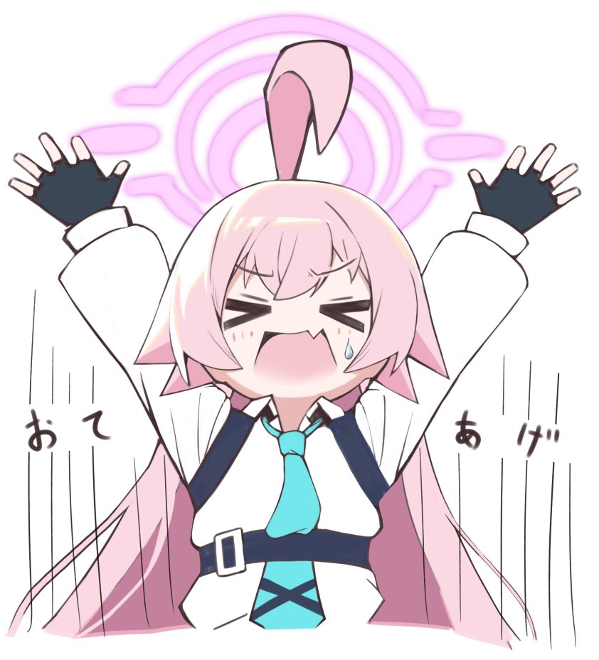 >_<, 1girl, ahoge, arms_up, black_gloves, blue_archive, blue_necktie, blush