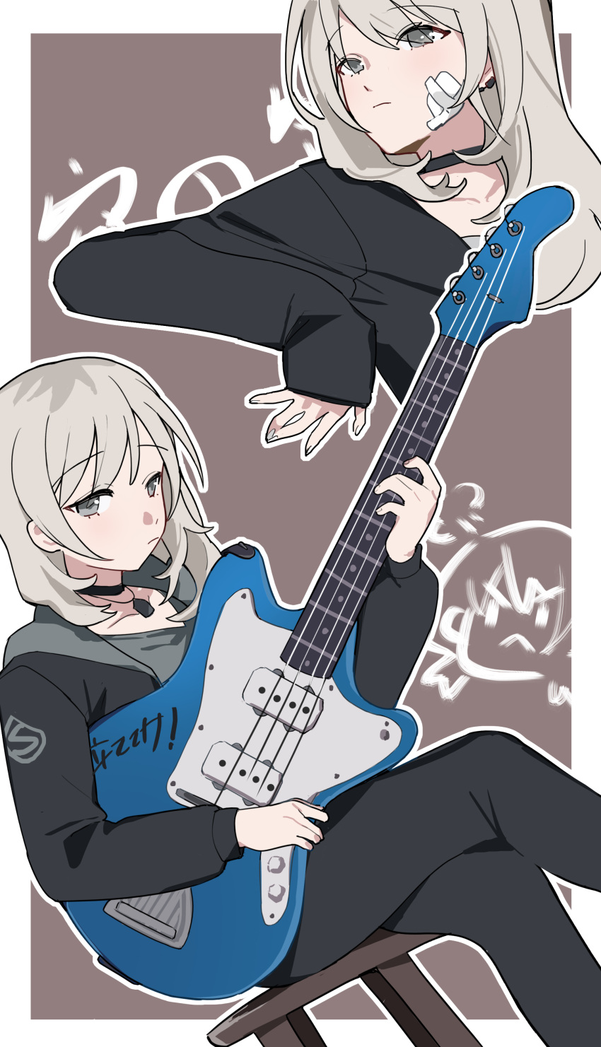 1girl, absurdres, bandage_on_face, bandages, black_choker, black_jacket, black_pants, black_sweater, border, brown_background, choker, closed_mouth, commentary, earclip, girls_band_cry, grey_hair, grey_hoodie, guitar, highres, holding, holding_guitar, holding_instrument, hood, hoodie, instrument, jacket, jewelry, kawaragi_momoka, light_brown_hair, long_hair, long_sleeves, multicolored_hair, multiple_views, necklace, pants, phant_ash, psychederhythm_psychomaster, roots_(hair), sitting, stool, sweater, white_border