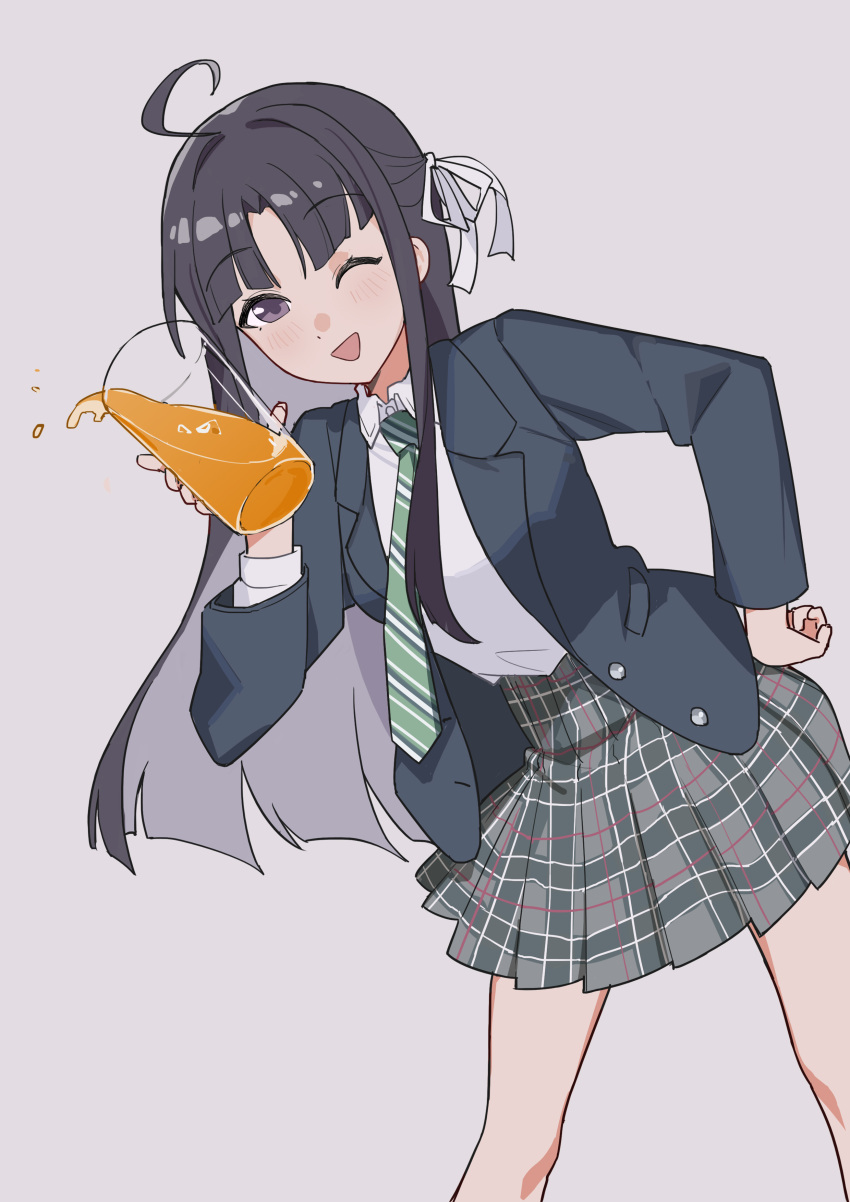 1girl, absurdres, awa_subaru, black_hair, black_jacket, collared_shirt, commentary, cup, feet_out_of_frame, girls_band_cry, green_necktie, grey_skirt, hair_ribbon, hand_on_own_hip, highres, holding, holding_cup, jacket, juice, long_hair, necktie, one_eye_closed, open_mouth, orange_juice, phant_ash, plaid, plaid_skirt, pleated_skirt, purple_background, ribbon, school_uniform, shirt, simple_background, skirt, smile, solo, violet_eyes, white_ribbon, white_shirt