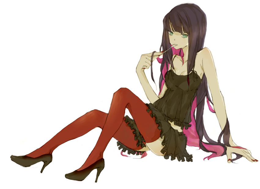 high_heels, long_hair, melisaseventeen, nail_polish, panty_&amp;_stocking_with_garterbelt, purple_hair, red_legwear, shoes, simple_background, solo, spoon, stocking_(character), stocking_(psg), thigh-highs, thighhighs