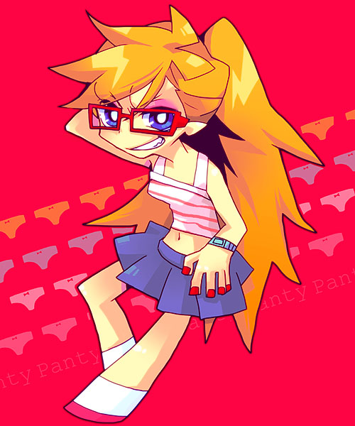bespectacled, blonde_hair, blue_eyes, glasses, grin, long_hair, mgi, official_style, panty_&amp;_stocking_with_garterbelt, panty_(character), panty_(psg), ponytail, skirt, smile, solo