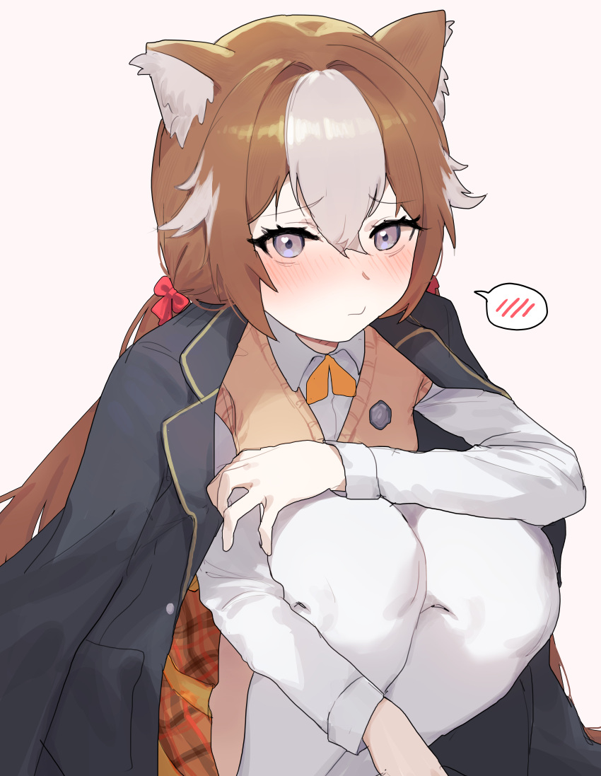 1girl, absurdres, animal_ears, black_jacket, blazer, blue_eyes, bow, brown_hair