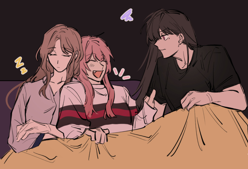 3girls, annoyed, bang_dream!, bang_dream!_it's_mygo!!!!!, black_hair, black_shirt, breasts, brown_hair