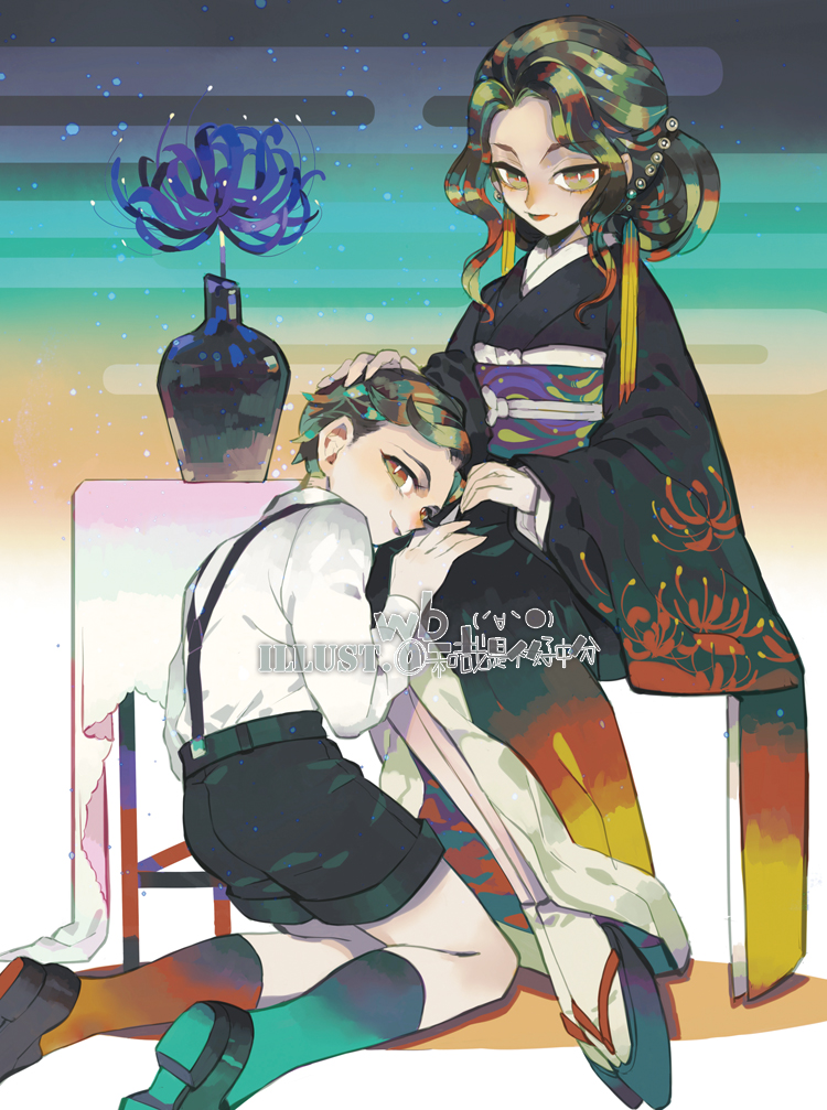 1boy, 1girl, black_hair, black_kimono, demon_boy, demon_girl, hagoro_(856_kmt), japanese_clothes, kazuya_(743167), kibutsuji_muzan, kibutsuji_muzan_(female), kimetsu_no_yaiba, kimono, looking_at_viewer, red_eyes, solo, toshikuni_(kimetsu_no_yaiba)