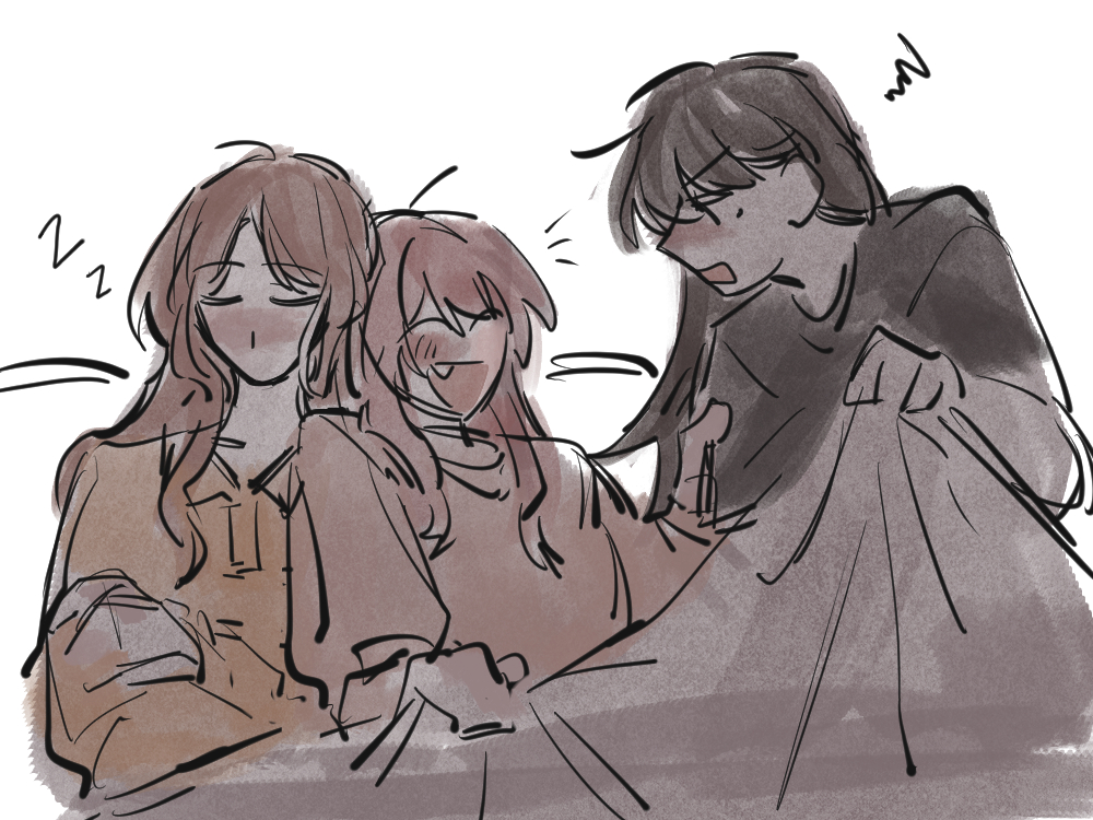 3girls, bang_dream!, bang_dream!_it's_mygo!!!!!, black_shirt, blush, brown_hair, chihaya_anon, closed_eyes