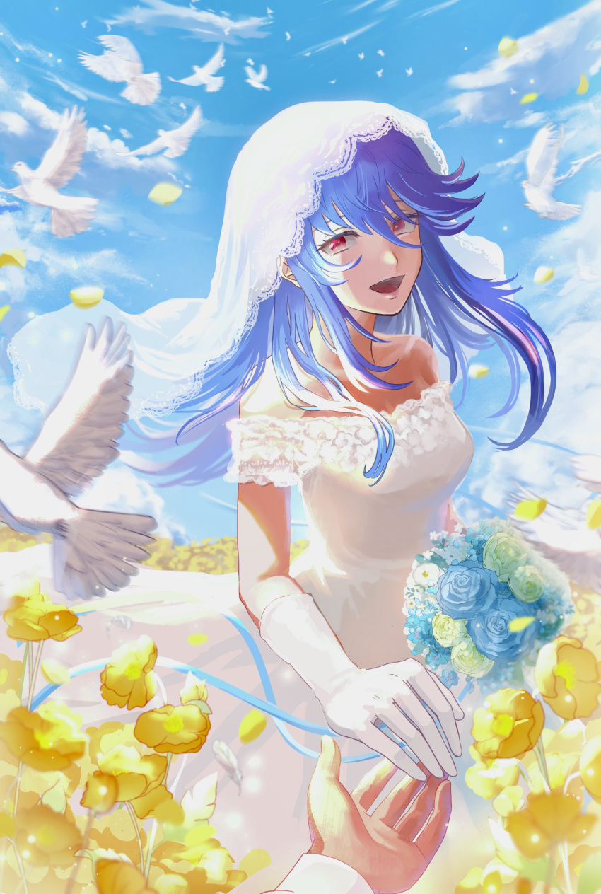 1girl, absurdres, ao_(miteruzo), bird, blue_hair, bouquet, breasts, bridal_veil