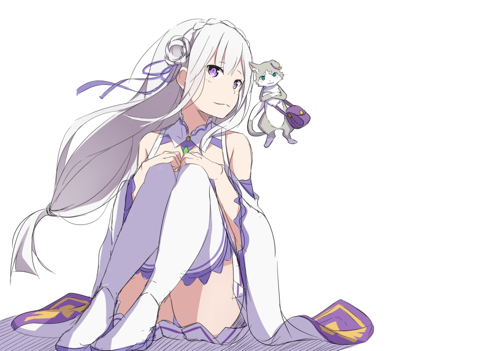 1girl, bare_shoulders, braid, cat, crown_braid, dress, elf, emilia_(re:zero), floating, flower, gem, green_gemstone, hair_flower, hair_ornament, hair_ribbon, hands_on_own_cheeks, hands_on_own_face, long_hair, looking_at_viewer, on_floor, panties, panty_peek, pointy_ears, puck_(re:zero), purple_ribbon, re:zero_kara_hajimeru_isekai_seikatsu, ribbon, rose, sitting, smile, t1kosewad, thigh-highs, underwear, violet_eyes, white_background, white_flower, white_hair, white_rose, wide_sleeves, x_hair_ornament