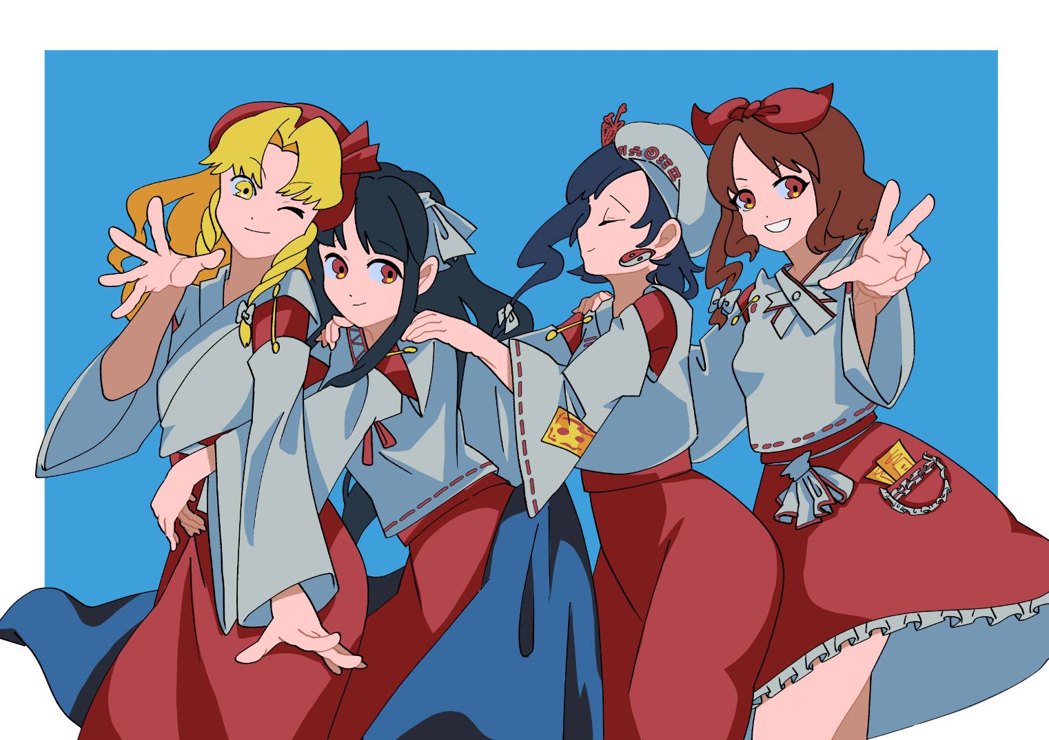 4girls, beret, black_hair, blonde_hair, blonde_shrine_maiden_from_a_future_era_(touhou), blue_background, blue_hair, blunt_bangs