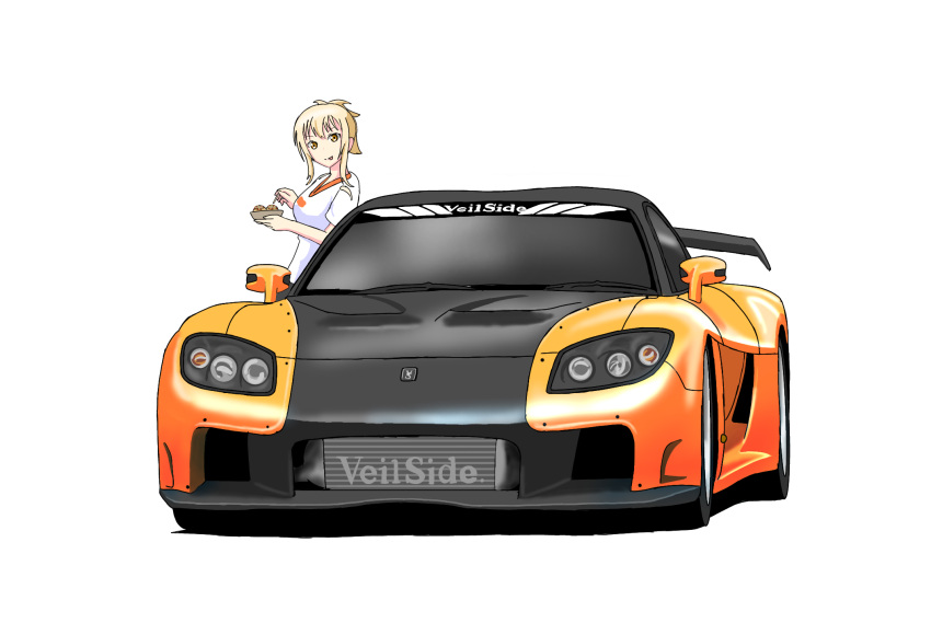 1girl, blonde_hair, bowl, car, crossover, eating, fast_&amp;_furious, food