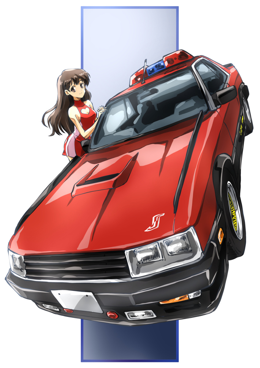 1girl, breasts, brown_eyes, brown_hair, car, cleavage_cutout, clothing_cutout, crossover