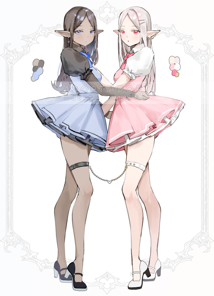 2girls, black_hair, blue_dress, blue_eyes, border, bound, bound_together, bow, breasts, chain, chained_legs, collared_dress, color_guide, color_swatch, dark-skinned_female, dark_elf, dark_skin, dress, earrings, elf, garter_straps, hair_ornament, hairclip, hand_on_another's_shoulder, hands_on_another's_waist, high_heels, jewelry, juliet_sleeves, long_sleeves, multiple_girls, nakony, original, pink_dress, pink_eyes, pointy_ears, puffy_short_sleeves, puffy_sleeves, red_eyes, short_dress, short_sleeves, small_breasts, straight_hair, thighs, torso_grab, white_background, white_border, white_hair
