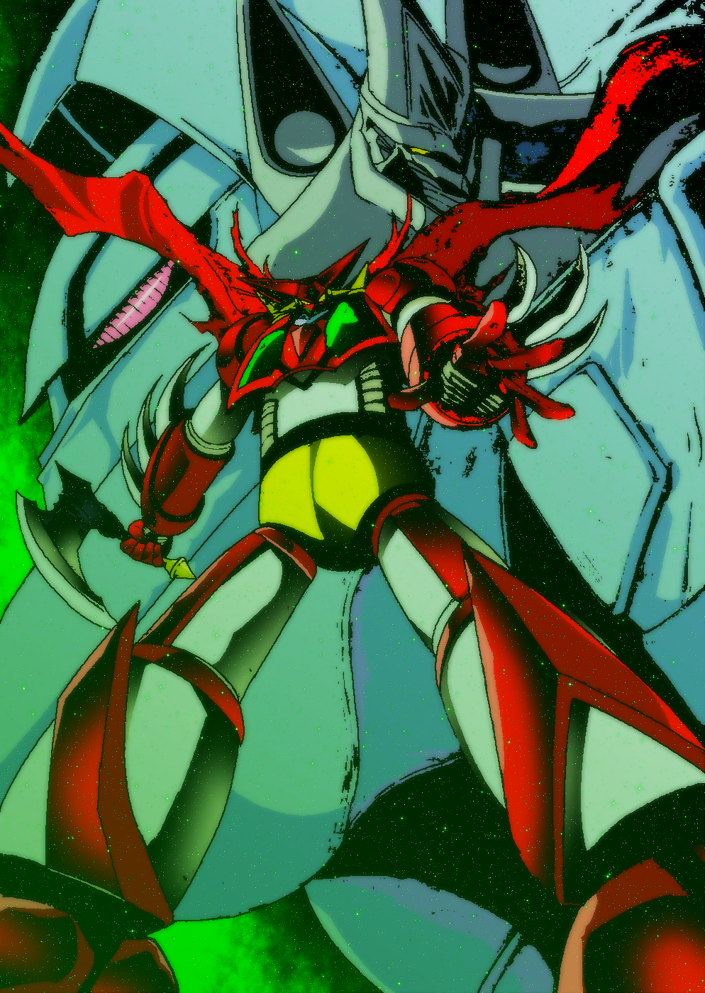 1990s_(style), apocrypha_getter_robo_darkness, arm_blade, axe, cape, character_request, getter-1_(getter_darkness), getter-2_(getter_darkness)