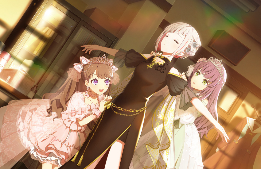 3girls, :d, adjusting_another's_clothes, aqua_neckerchief, black_dress, black_shorts, bob_cut, bow, brown_dress, brown_hair, closed_eyes, closed_mouth, clothes_hanger, clothing_cutout, clubroom, collarbone, colored_inner_hair, diagonal_bangs, door, dress, dutch_angle, frilled_dress, frills, fujishima_megumi, game_cg, green_dress, green_eyes, grey_hair, hair_bow, hair_rollers, hasu_no_sora_school_uniform, highres, indoors, inverted_bob, kakumei_no_budoukai_(love_live!), kiseki_no_budoukai_(102nd)_(love_live!), leaning_forward, link!_like!_love_live!, long_hair, long_sleeves, love_live!, medium_dress, multicolored_hair, multiple_girls, neckerchief, official_art, open_mouth, otomune_kozue, outstretched_arms, pink_bow, pleated_dress, puffy_short_sleeves, puffy_sleeves, purple_hair, redhead, sailor_collar, sailor_dress, school_uniform, see-through_dress_layer, short_hair, short_sleeves, shorts, shoulder_cutout, side_slit, sidelocks, smile, spread_arms, standing, streaked_hair, sunset, teeth, third-party_source, tiara, two_side_up, unworn_dress, upper_teeth_only, violet_eyes, virtual_youtuber, white_sailor_collar, window_shadow, winter_uniform, yakusoku_no_budoukai_(love_live!), yugiri_tsuzuri