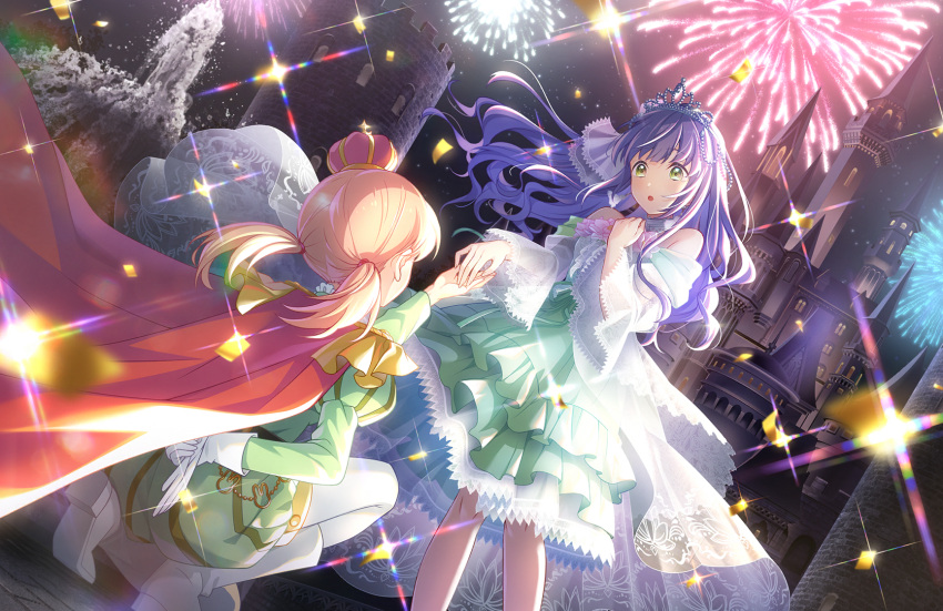 2girls, :o, aerial_fireworks, arm_behind_back, cape, castle, confetti, crown, diffraction_spikes, dress, dutch_angle, fireworks, floating_hair, frilled_dress, frills, game_cg, gloves, green_dress, green_eyes, green_shirt, green_shorts, hand_on_own_chest, highres, hinoshita_kaho, holding, holding_clothes, holding_gloves, juliet_sleeves, kiseki_no_budoukai_(102nd)_(love_live!), link!_like!_love_live!, long_hair, long_sleeves, looking_at_another, love_live!, low_twintails, medium_dress, multiple_girls, night, off-shoulder_dress, off_shoulder, official_art, on_one_knee, open_mouth, orange_hair, otomune_kozue, pantyhose, prince, princess, puffy_shorts, puffy_sleeves, purple_hair, red_cape, see-through_dress_layer, shirt, shorts, sidelocks, single_glove, standing, taking_another's_hand, third-party_source, tiara, tilted_headwear, twintails, virtual_youtuber, white_footwear, white_pantyhose