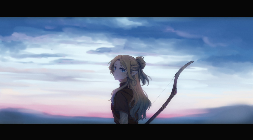 1girl, alternate_species, blonde_hair, blue_eyes, blue_hair, blue_sky, bow_(weapon), brown_shirt, closed_mouth, clouds, cloudy_sky, commentary, elf, fantasy, gradient_hair, hair_bun, half_updo, highres, holding, holding_bow_(weapon), holding_weapon, l9525, layered_sleeves, letterboxed, light_blue_hair, link!_like!_love_live!, long_hair, long_sleeves, looking_at_viewer, looking_back, love_live!, multicolored_hair, osawa_rurino, parted_bangs, pointy_ears, shirt, short_over_long_sleeves, short_sleeves, single_hair_bun, sky, smile, solo, symbol-only_commentary, virtual_youtuber, weapon, wide_shot
