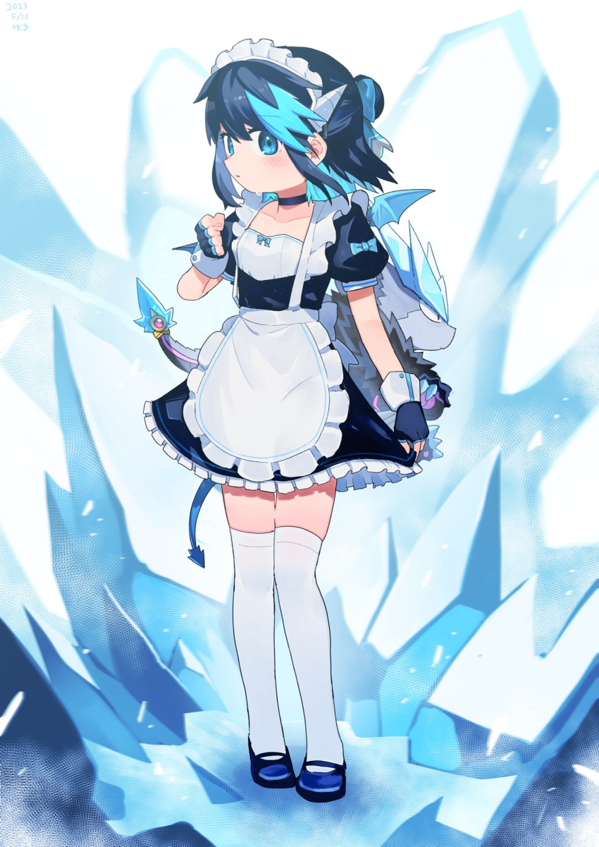 1girl, apron, black_hair, blue_eyes, breasts, choker, hair_bun, highres