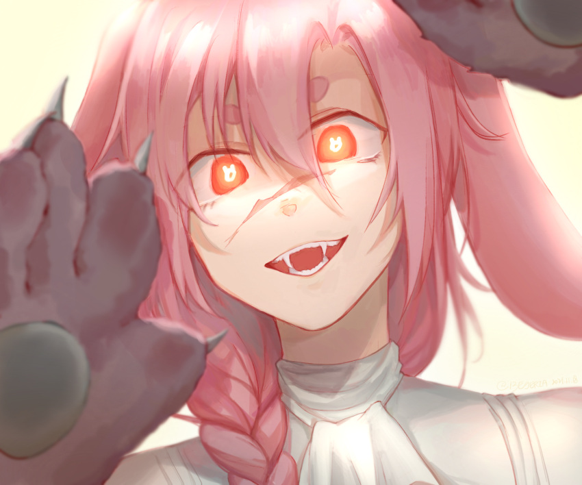 1boy, androgynous, animal_ears, animal_hands, braid, claws, cosplay, glowing, glowing_eyes, hair_between_eyes, highres, juzo_xiii, long_hair, looking_at_viewer, male_focus, minecraft_youtube, origins_smp, otoko_no_ko, pink_hair, rabbit_boy, rabbit_ears, red_eyes, scar, self_cosplay, sharp_teeth, shirt, technoblade, technoblade_(bunny), technoblade_(cosplay), teeth, white_shirt