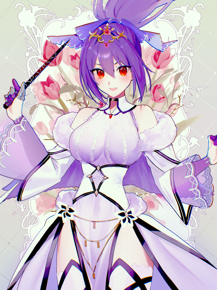 1girl, absurdres, bare_shoulders, breasts, commentary_request, detached_sleeves, dress, fate/grand_order, fate_(series), hair_between_eyes, hair_ribbon, highres, holding, holding_wand, long_hair, looking_at_viewer, medium_breasts, nonepro31, open_mouth, pelvic_curtain, ponytail, purple_dress, purple_hair, purple_ribbon, red_eyes, ribbon, scathach_(fate), scathach_skadi_(fate), scathach_skadi_(third_ascension)_(fate), smile, solo, wand