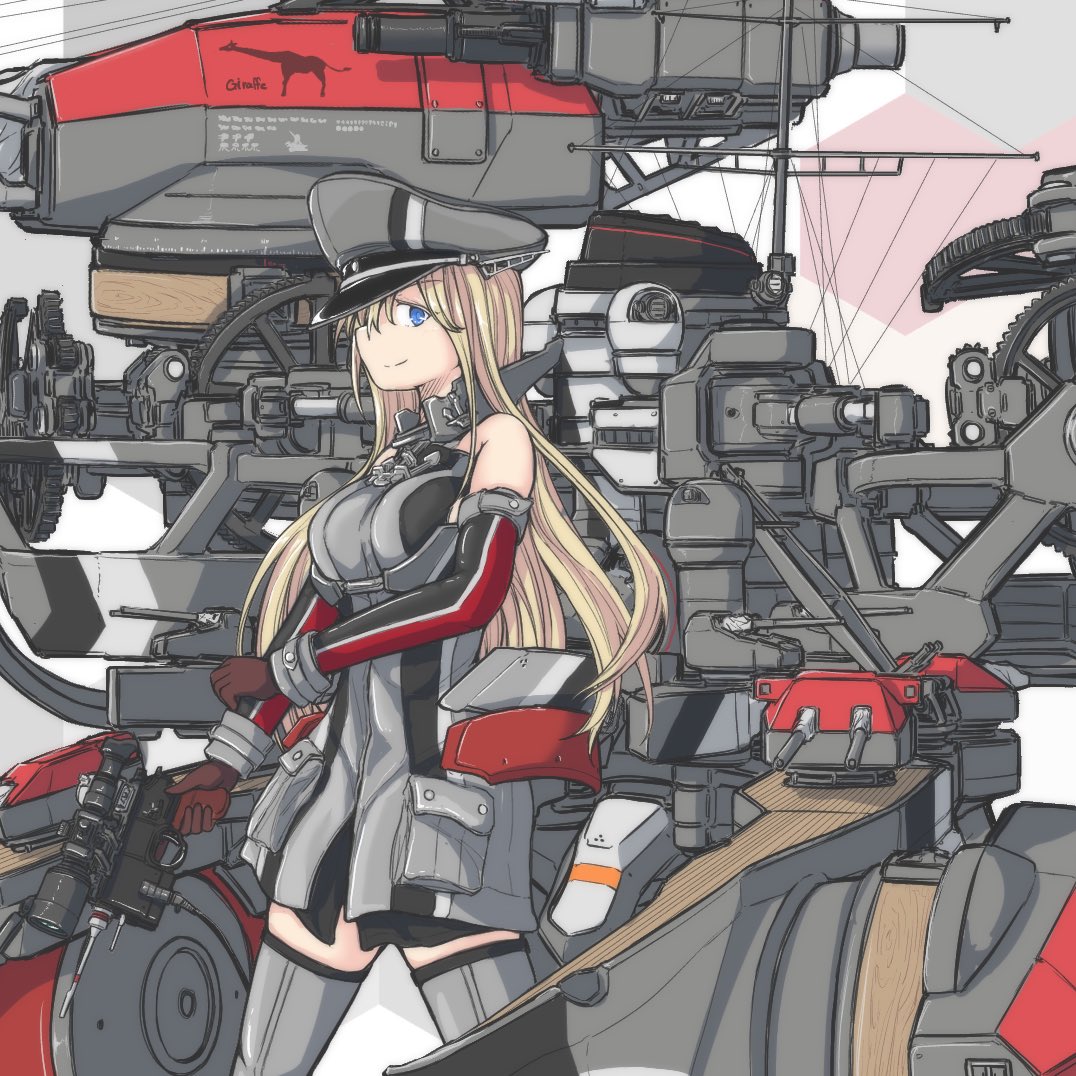 1girl, bismarck_(kancolle), blue_eyes, breasts, brown_gloves, cannon, commentary_request, cowboy_shot