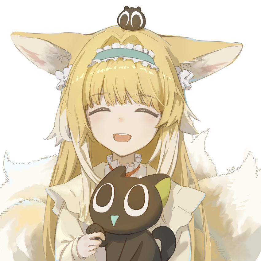 1girl, :d, ^_^, absurdres, animal_ears, aqua_hairband, arknights, baige059