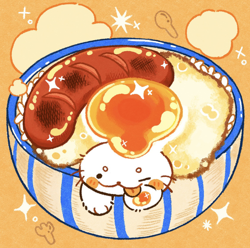 :3, animal, animal_hands, blush_stickers, bowl, breakfast, commentary_request, food, food_focus, fried_egg, gorugon01, no_humans, original, pawpads, rice, sausage, seal_(animal), smile, sparkle, tongue, tongue_out, undersized_animal, whiskers, white_fur